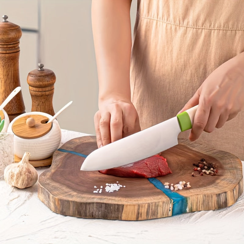 High-quality resin-accented Acacia board for chopping logs and cutting food in the kitchen. Made from ecological wood with a stylish irregular design. Ideal for cutting steak and other foods.