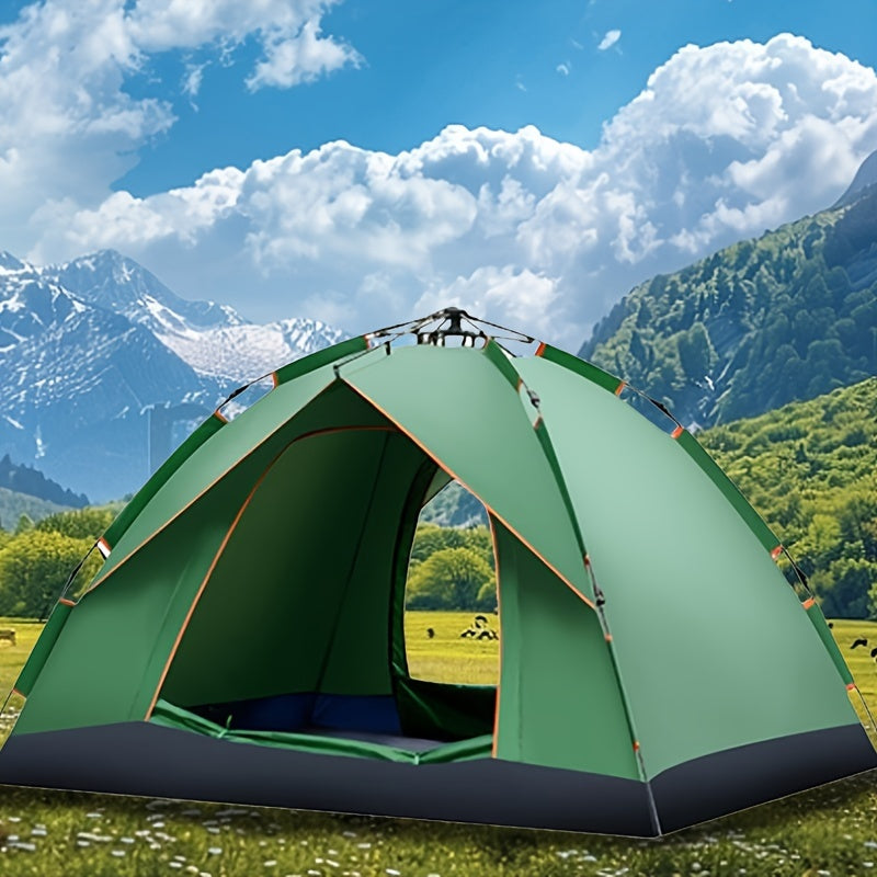 Fully automatic 4-person tent in lush green with durable poles, waterproof polyester blend, easy zip closure, portable for all seasons.