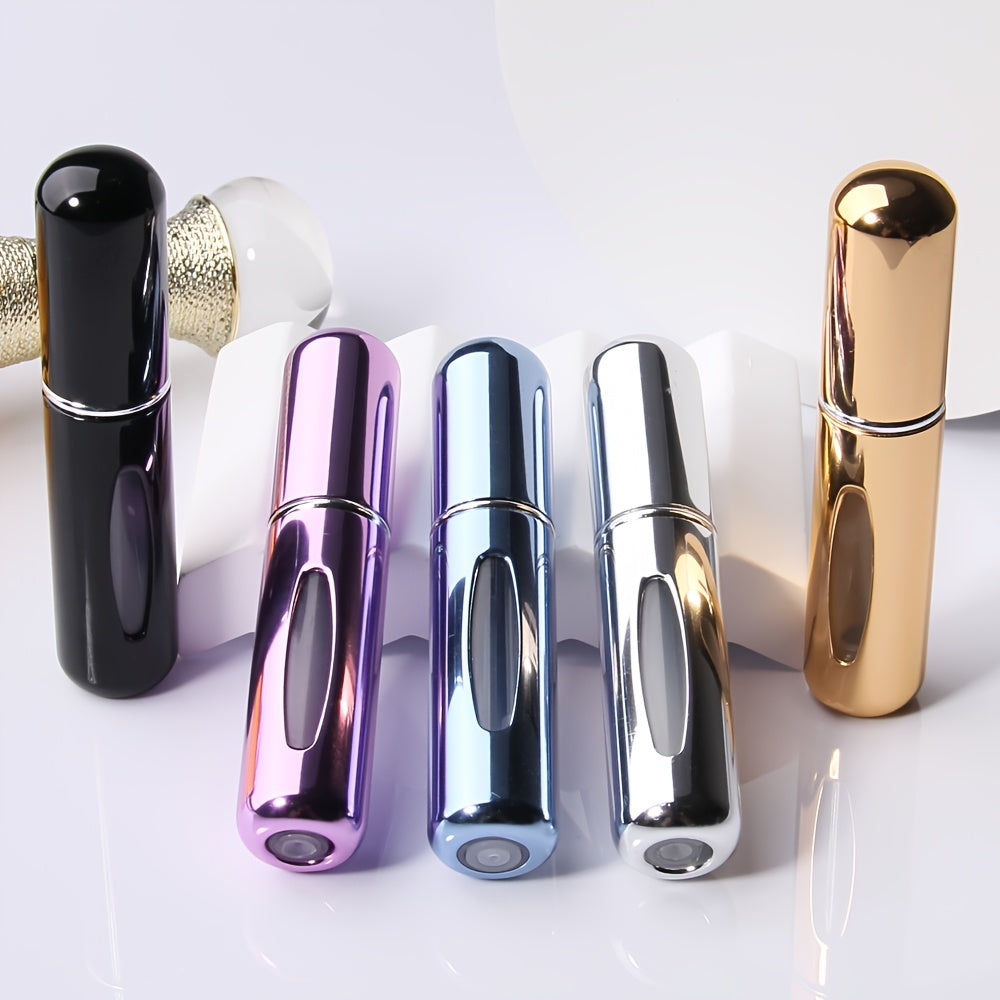 A set of 5 travel-sized refillable perfume atomizers, each holding 5ml. Conveniently carried in purse, backpack, or luggage. Features bottom filling and dispensing box. Ideal for cosmetics.