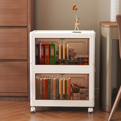 Foldable storage cabinet (46.99cm x 29.21cm) made of waterproof plastic with magnetic closure. Ideal for living room, kitchen, and bedroom. Features wheels for easy mobility. Can be used as