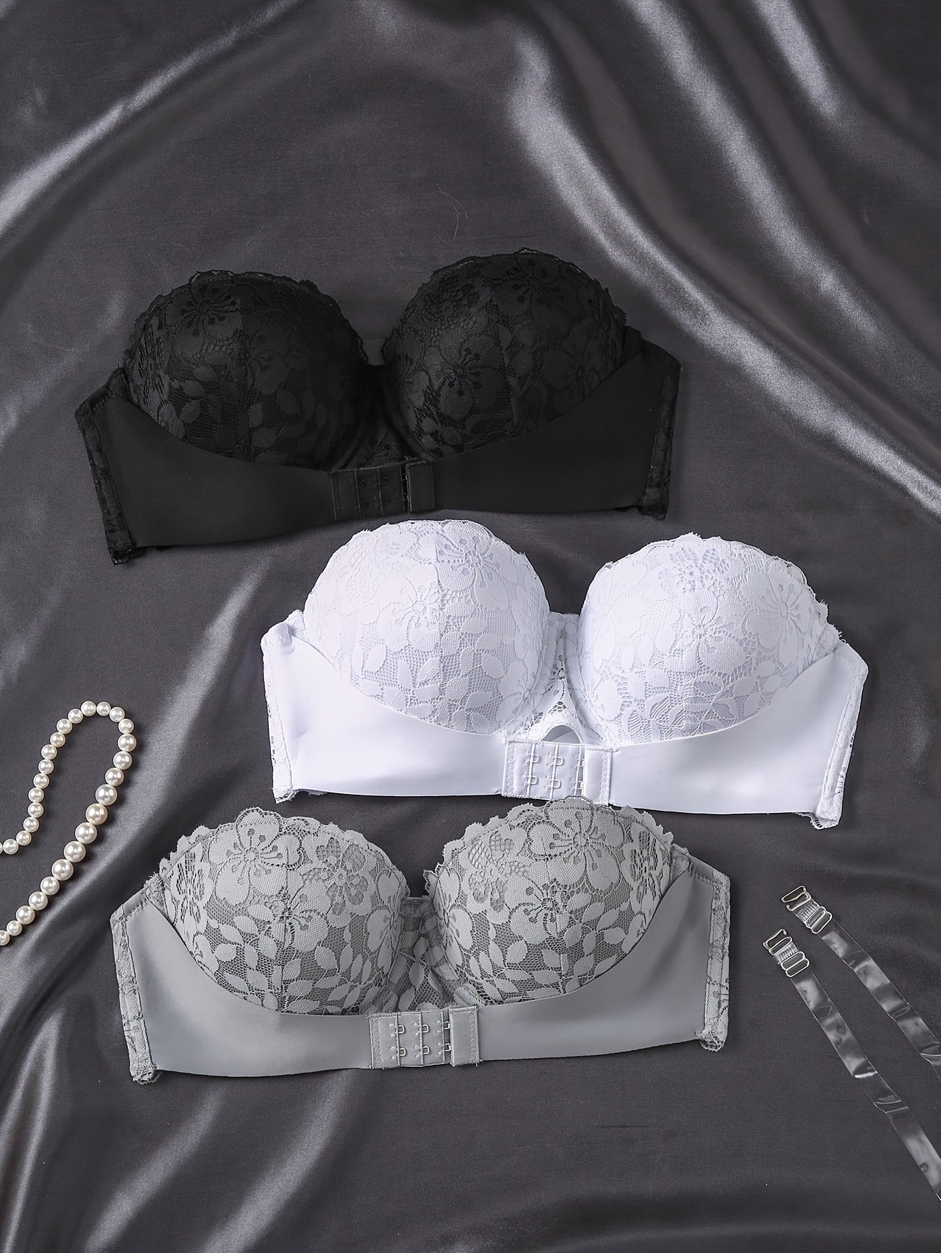 3 Elegant Lace Strapless Bras for Women in White, Gray, and Black - Front Closure, Push-Up Balconette Style with Non-Removable Pads, Breathable & Comfortable.