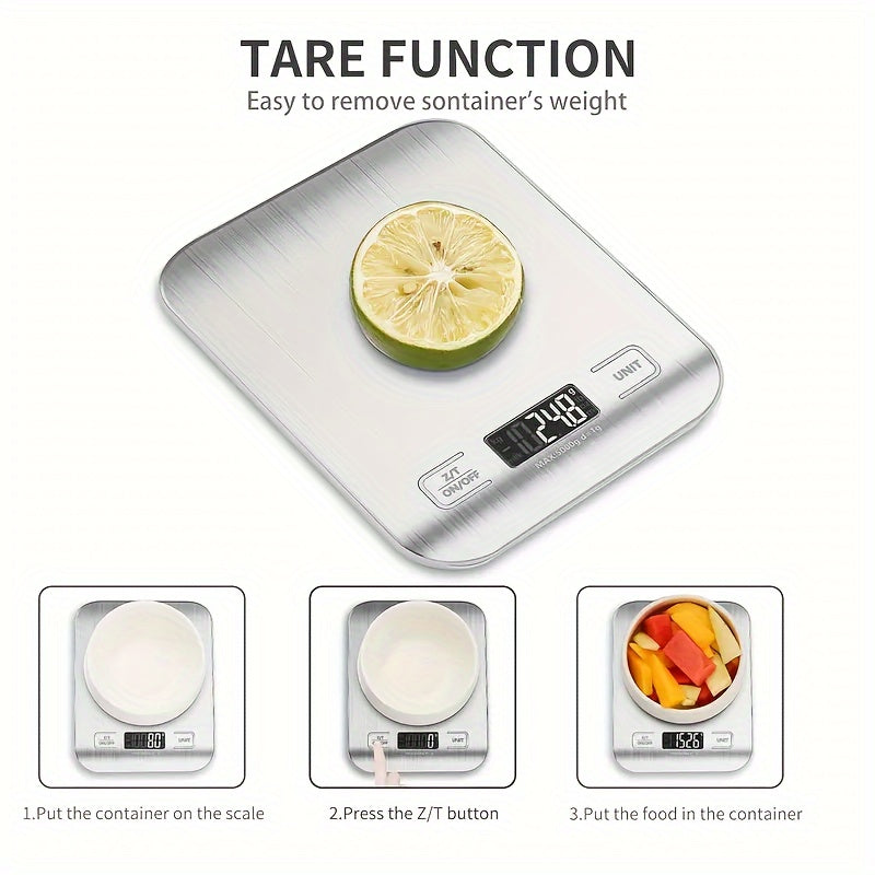 Digital Kitchen Scale, Stainless Steel Food Scale with LCD Display, Portable Electronic Weighing Tool. Battery Operated, Made of ABS Material. Non-Food Contact. Includes 2 AAA Batteries (Not Included). Ideal for Coffee, Baking, and Cooking Measurement.