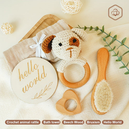 Premium Handcrafted Baby Shower Gift Set - Featuring a Handmade Crochet Dog Rattle, Luxuriously Soft Bamboo & Cotton Towel, Natural Goat Hair Brush, Eco-Friendly Beechwood Heart Toy, and Adorable 'Hello World' Card - Ideal for Children from Infancy to