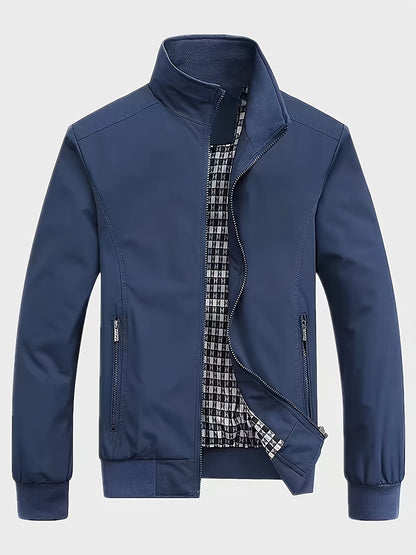 Men's zip-up stand collar coat with zipper pockets, ideal for Spring and Autumn.