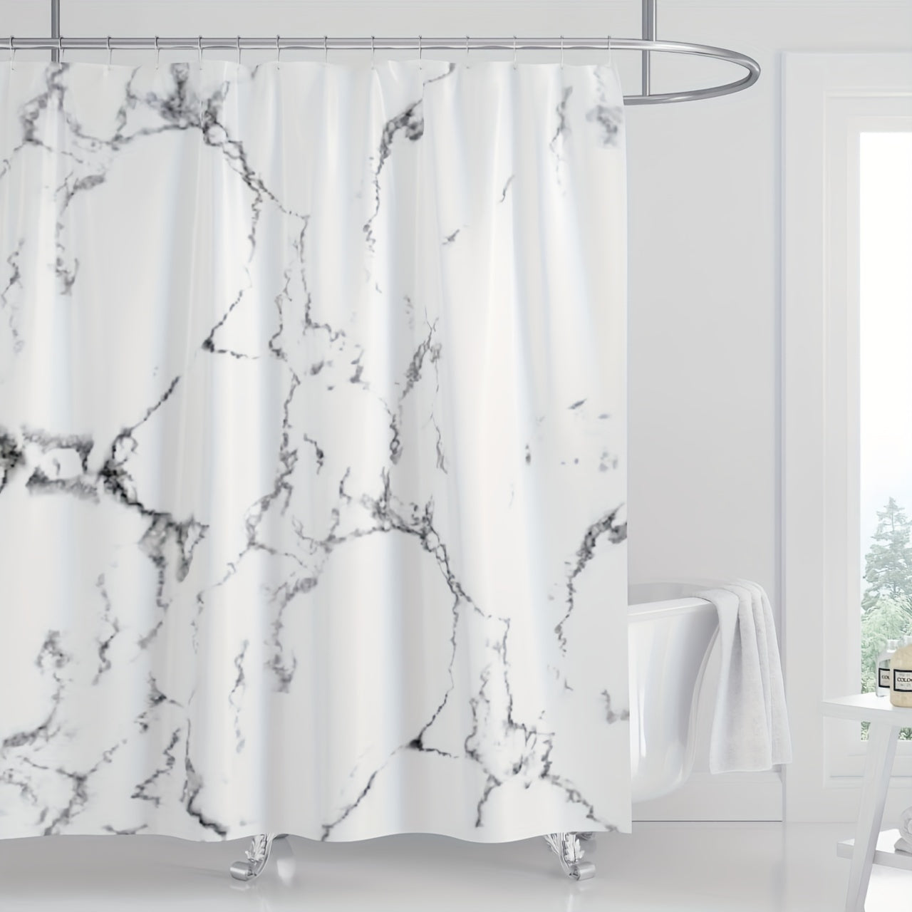 Get the Elegant Marble Pattern Shower Curtain Set with Plastic Hooks for your bathroom. This waterproof, moisture-resistant polyester curtain is machine washable and extra long at 180.34x199.9cm. Enhance your bathroom with this chic decor set.