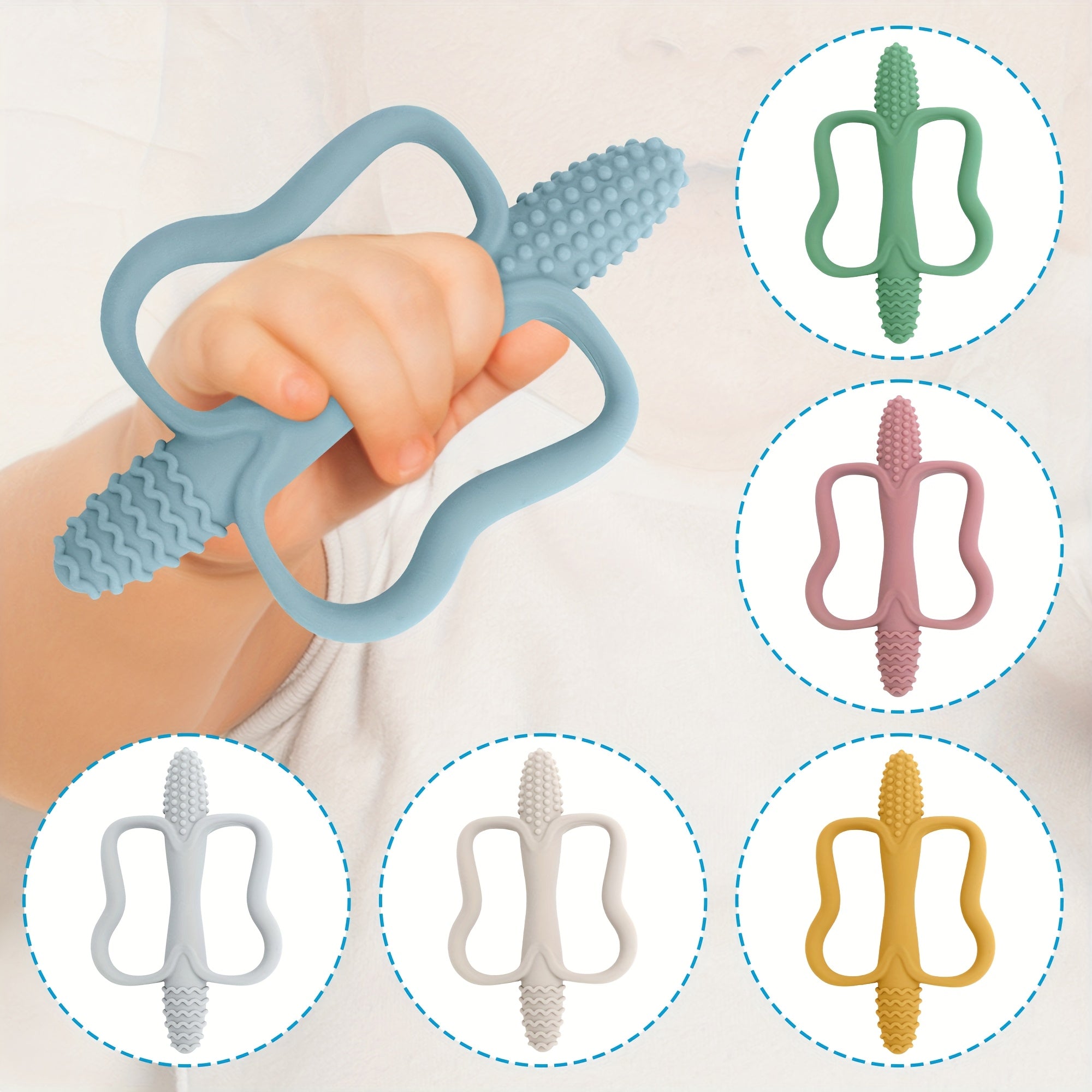 Corn-shaped teething stick with handle, available in 6 colors.