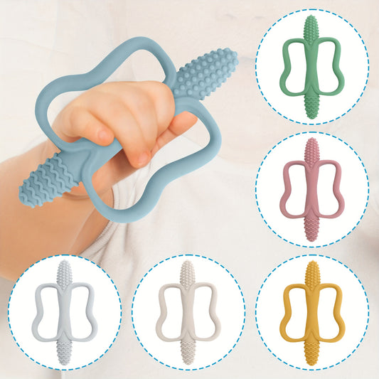 Corn-shaped teething stick with handle, available in 6 colors.