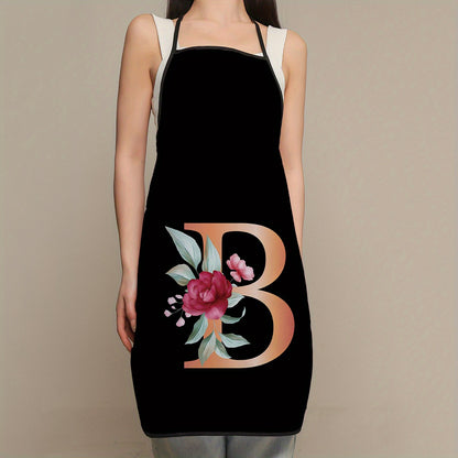 Women's flower and letter printed polyester apron - waterproof, thickened, and cute for household and kitchen use.