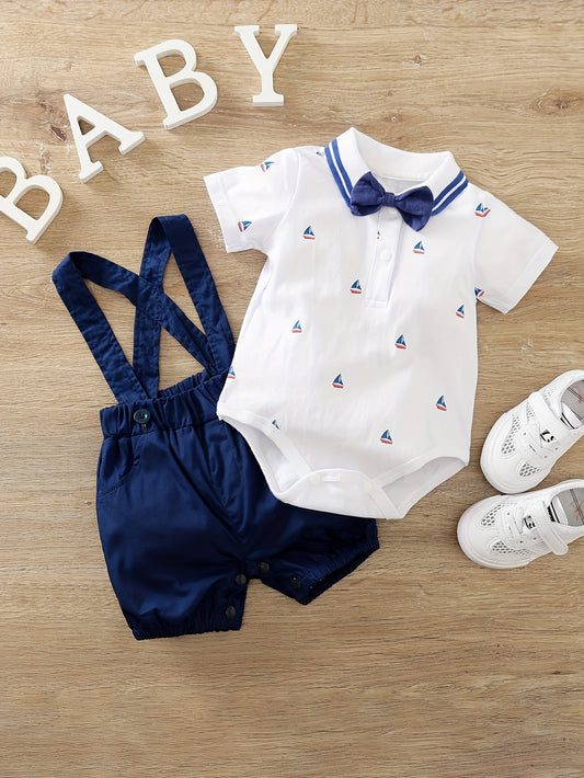 Newborn cotton romper with suspenders for outdoor wear.