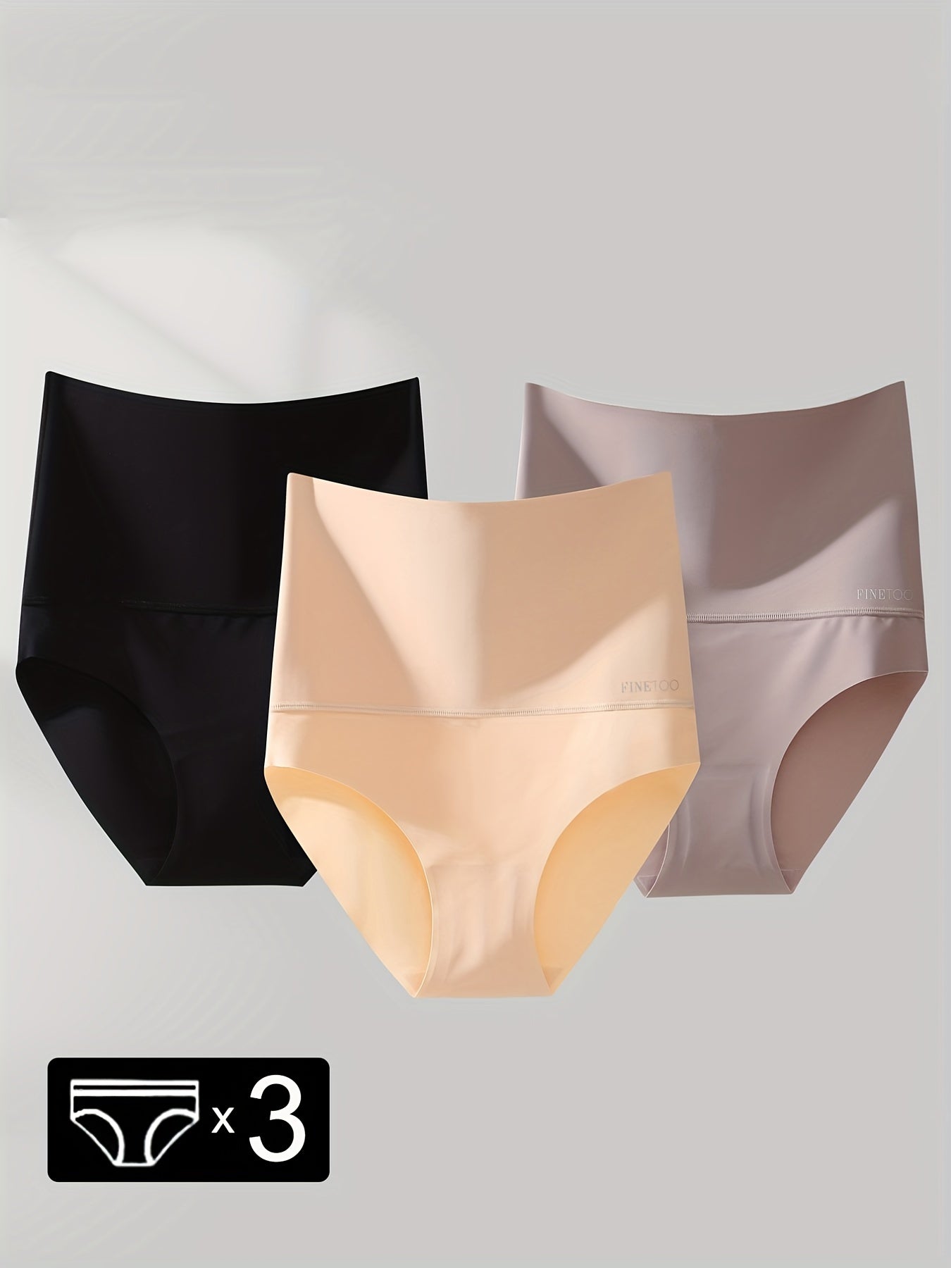 3 high-waisted solid briefs for women, offering seamless slimming comfort.