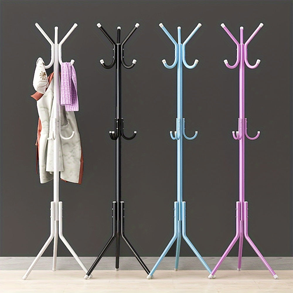 Modern freestanding clothes rack made of wrought iron in black, light blue, and pink. This space-saving design includes hooks for coats, hats, and towels. Easy to assemble and perfect for organizing garments in the bedroom or living room. Can be used for