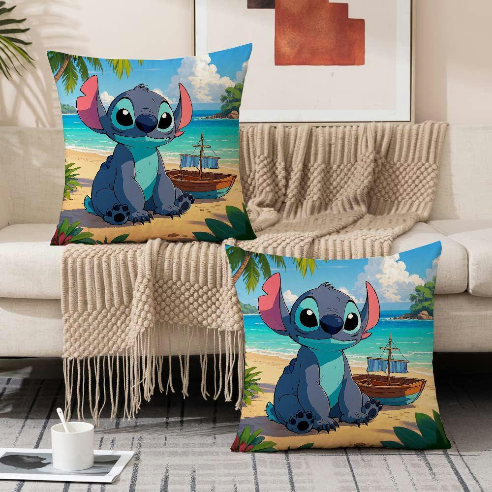 Two-pack of Disney Stitch beach scene throw pillow covers for both indoor and outdoor living room decor, featuring traditional style cushion cases.