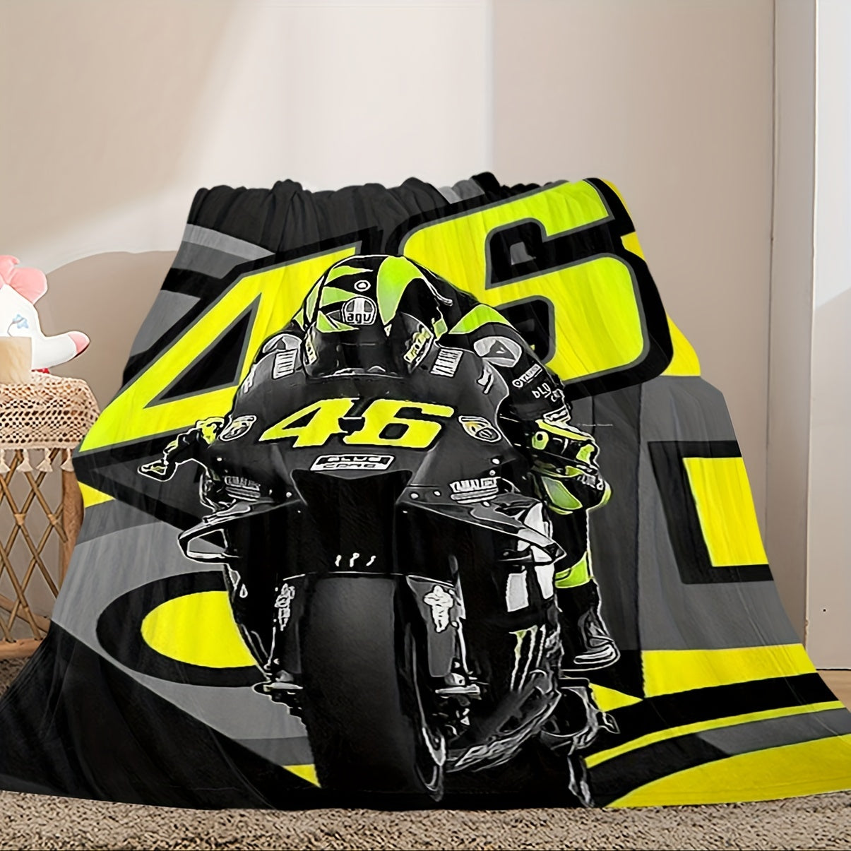 Soft, machine-washable throw blanket featuring a stylish motorcycle print. Ideal gift for bikers and enthusiasts, perfect for use on couches, beds, office naps, camping, and travel.