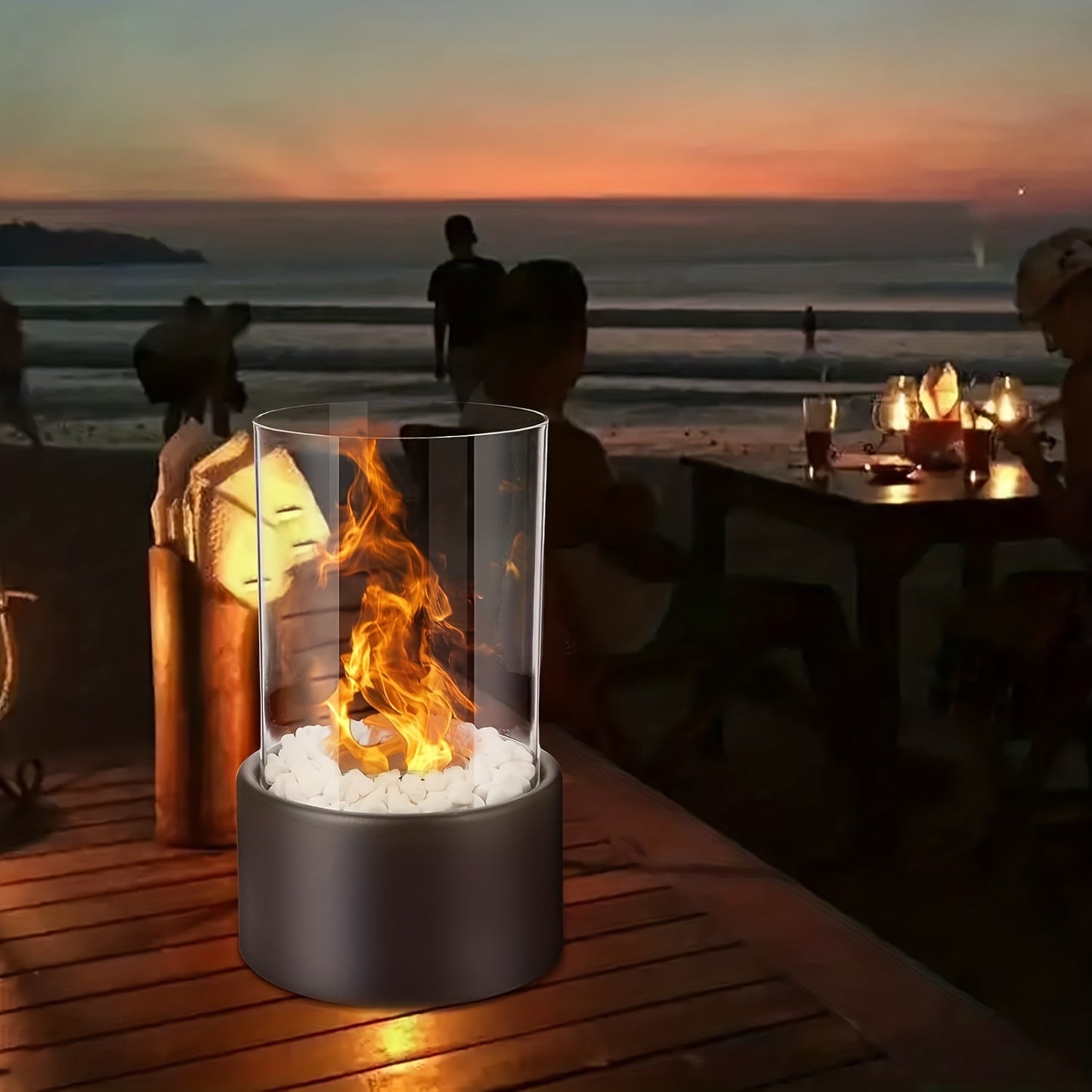 The KYRGEU Contemporary Tabletop Fireplace is a stylish and versatile option for indoor heating. This vent-free, portable bio-ethanol fire pit features a sleek design with powder-coated metal, stainless steel, and tempered glass for a modern look. The