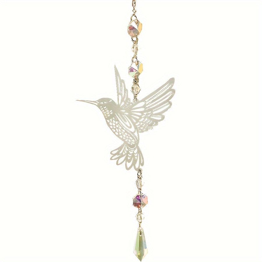 Metal plate sun catcher featuring a hummingbird design, ideal for hanging in windows, gardens, yards, rooms, or any other area in your home for decorative purposes.