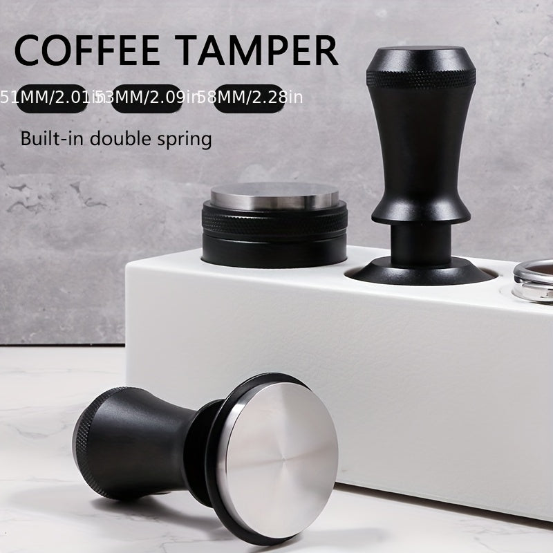 Coffee Tamper with 51/53/58mm Calibrated Size and Spring Loaded Design, Featuring Flat Stainless Steel Base in Black and Silvery Colors. Includes Two Springs for Firm and Even Tamping.