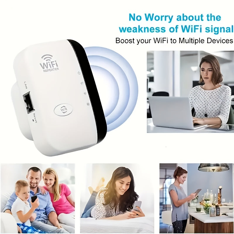 WiFi extender with 300Mbps, strong signal, up to 35 device support, one-tap setup, and Ethernet port for home, office, and cafe use.