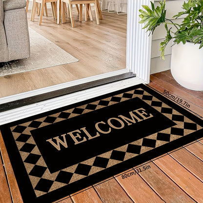 Modern fashion welcome doormat with machine washable, non-slip, and durable features. Made from 100% polyester for soft comfort. Perfect for entryway home decor.