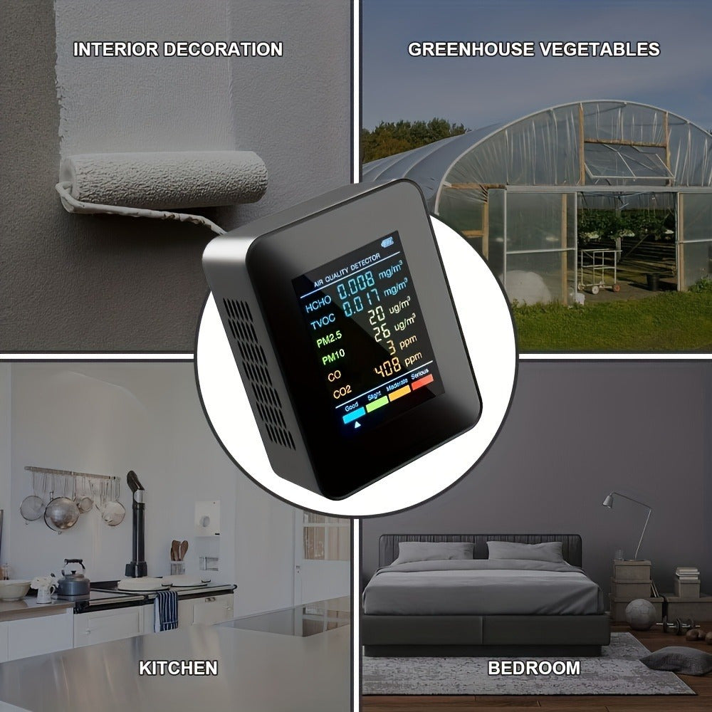 6-in-1 Premium Air Quality Monitor with large LCD display detects CO2, CO, PM2.5, PM10, HCHO, and TVOC in real-time using advanced sensor technology for home and office use.