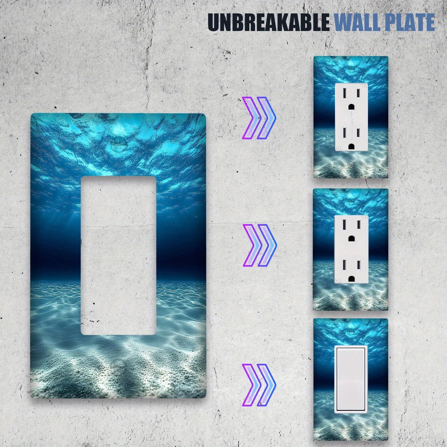 Ocean themed wall plate with blue sea print, made of unbreakable polycarbonate. Heat and fade resistant, a decorative cover for light switches and outlets that requires no electricity or battery.