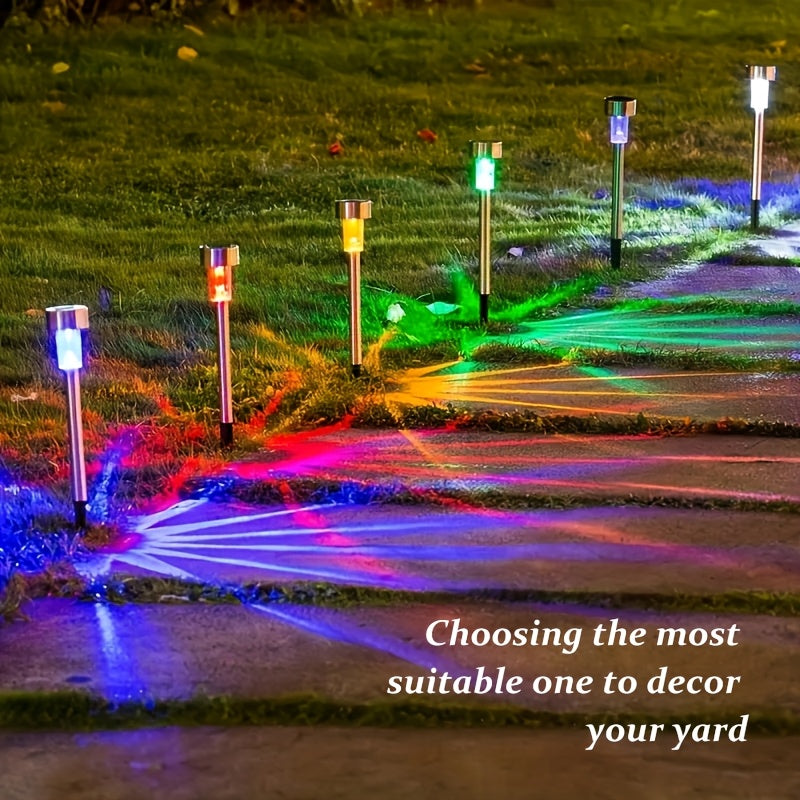 Solar LED lights for outdoor use, including courtyards, lawns, paths, decks, driveways, and gardens. Perfect for holiday parties and garden walkway decoration. Available in 8, 10, or 12pcs