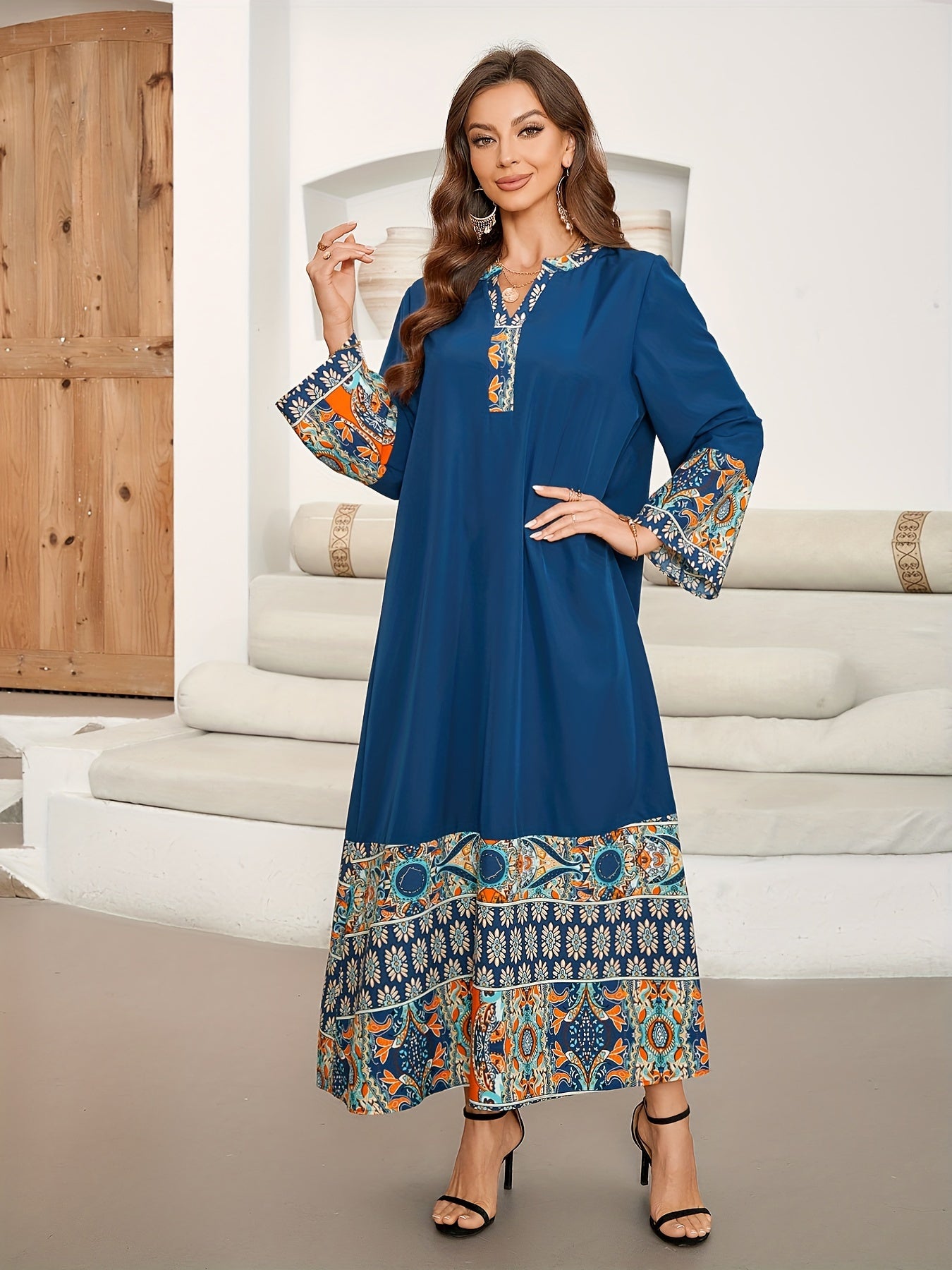 Ethnic print color block kaftan with notched neck and long sleeves, maxi dress for women