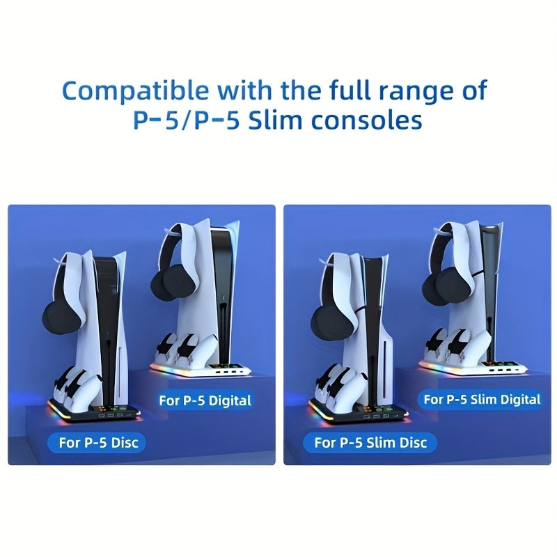 Cooling stand with RGB LED controller charger for PS5/PS5 Slim, with 3-level fan system and secure console/accessory holder for both digital and disc editions of PlayStation 5.