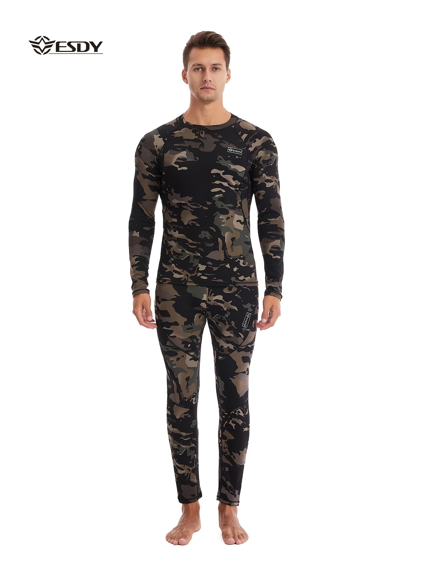 ESDY Men's Camouflage Thermal Underwear - 90% Polyester 10% Spandex, Long Sleeve Crew Neck, Skinny Fit, High Stretch Knit Fabric, Solid Color, for Hiking & Outdoor Activities, Fall/Winter