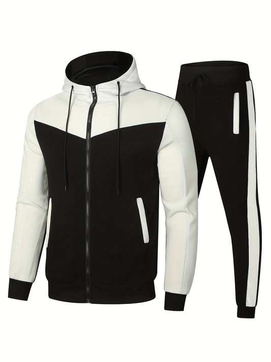 Men's athletic two-piece set: zip-up hoodie with drawstring waistband and matching joggers made of breathable polyester. Casual sportswear for spring and fall.