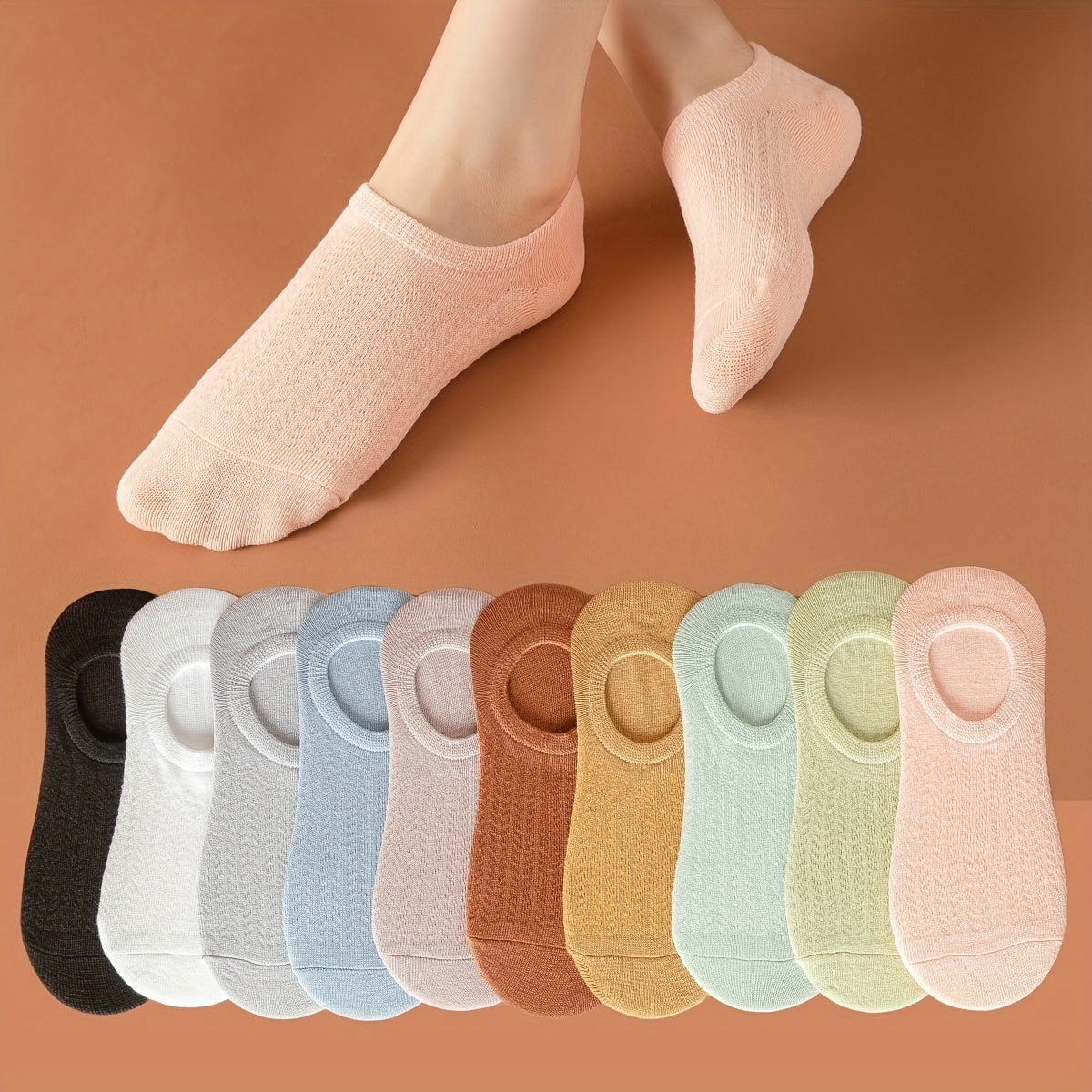 Women's solid color mesh anti-falling boat socks in various specifications, including 5 pairs and 10 pairs.