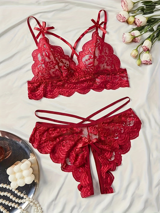 Floral lace lingerie set with push-up bra and strappy thong for women.