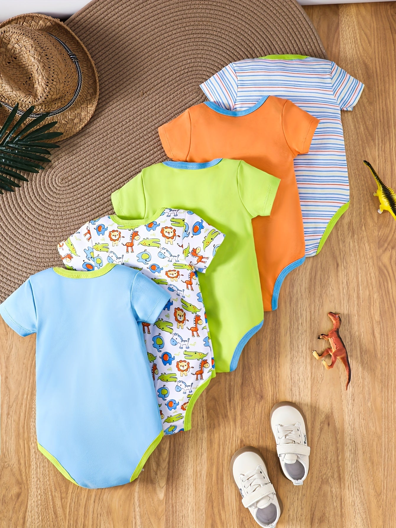 5pcs Baby Boy Cotton Romper Set featuring Cute Animal Patterns & Stripes. Machine washable, Summer-Ready with Round Neckline, Vibrant Colors. Perfect for outdoor activities.