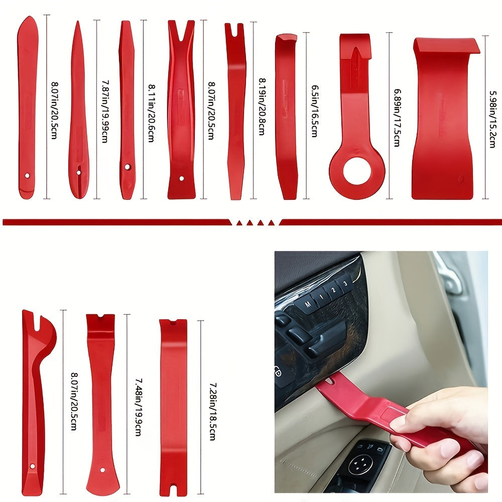 12-piece durable auto trim removal tool kit made of impact-resistant plastic for interior trim care without scratching car panel door window.