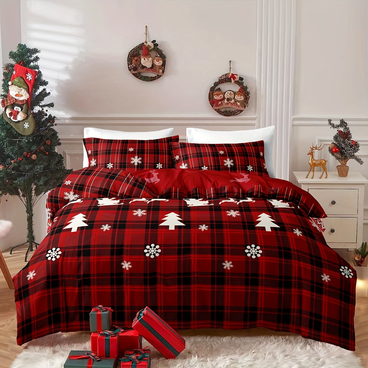 Christmas Duvet Cover Set includes 3 pieces featuring a Checkered Xmas Tree Elk Snowflake Print. This Soft and Comfortable bedding set is perfect for your Bedroom or Guest Room. Set includes 1 Duvet Cover and 2 Pillowcases. Note: Core not included.