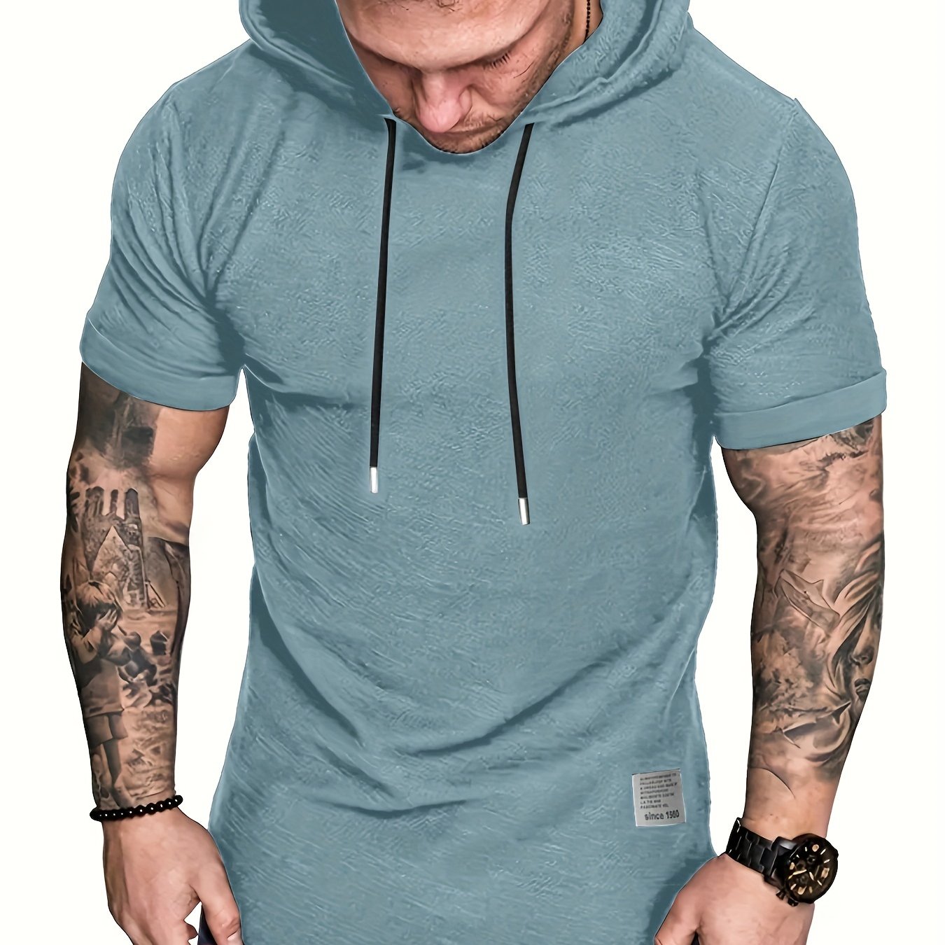 Men's plus size hooded t-shirt with short sleeves and drawstring, perfect for summer comfort.