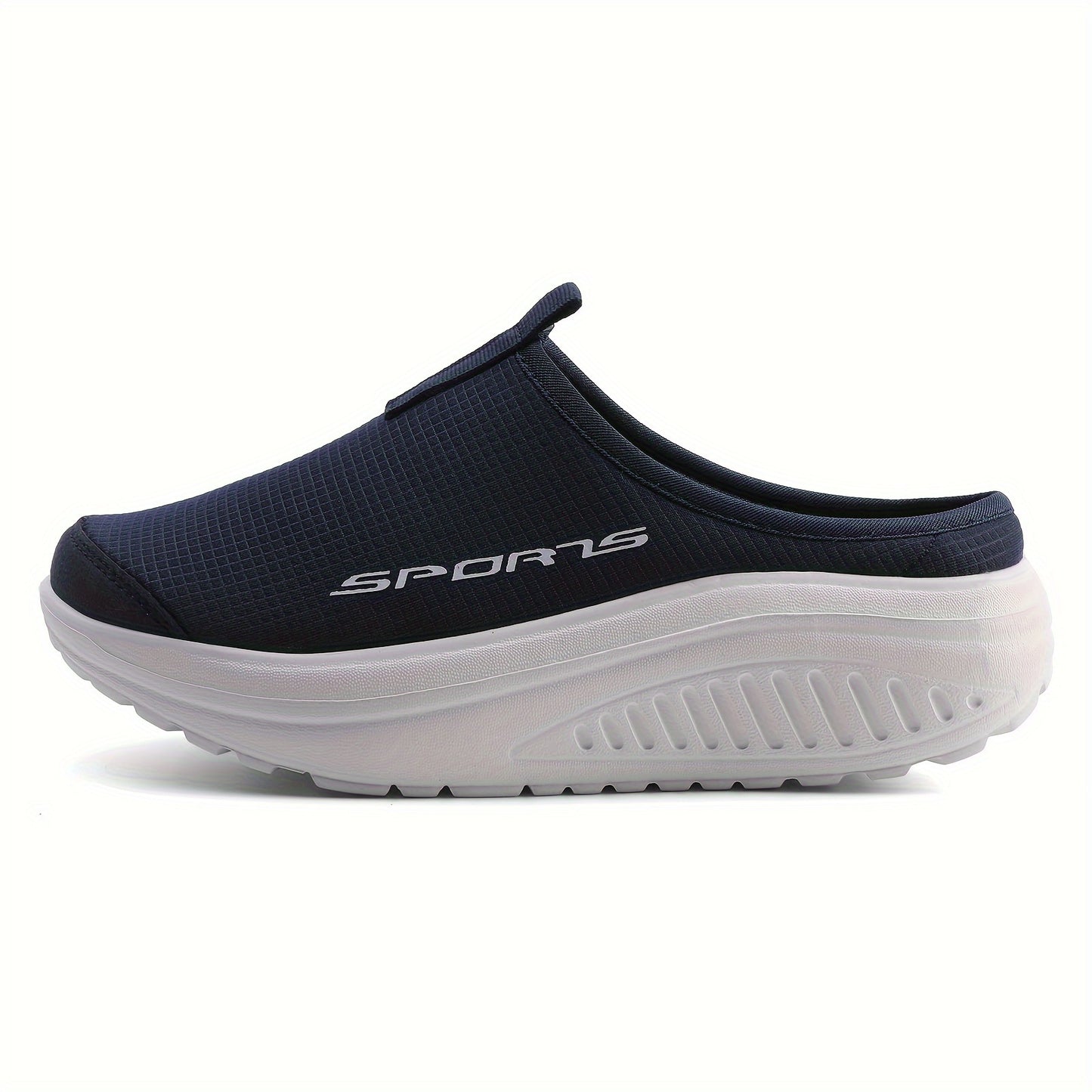 Breathable knit slip-on sneakers with a comfortable EVA rocker sole, beige with sporty logo, suitable for all seasons. Casual low-top design. Durable footwear and shoe accessories.