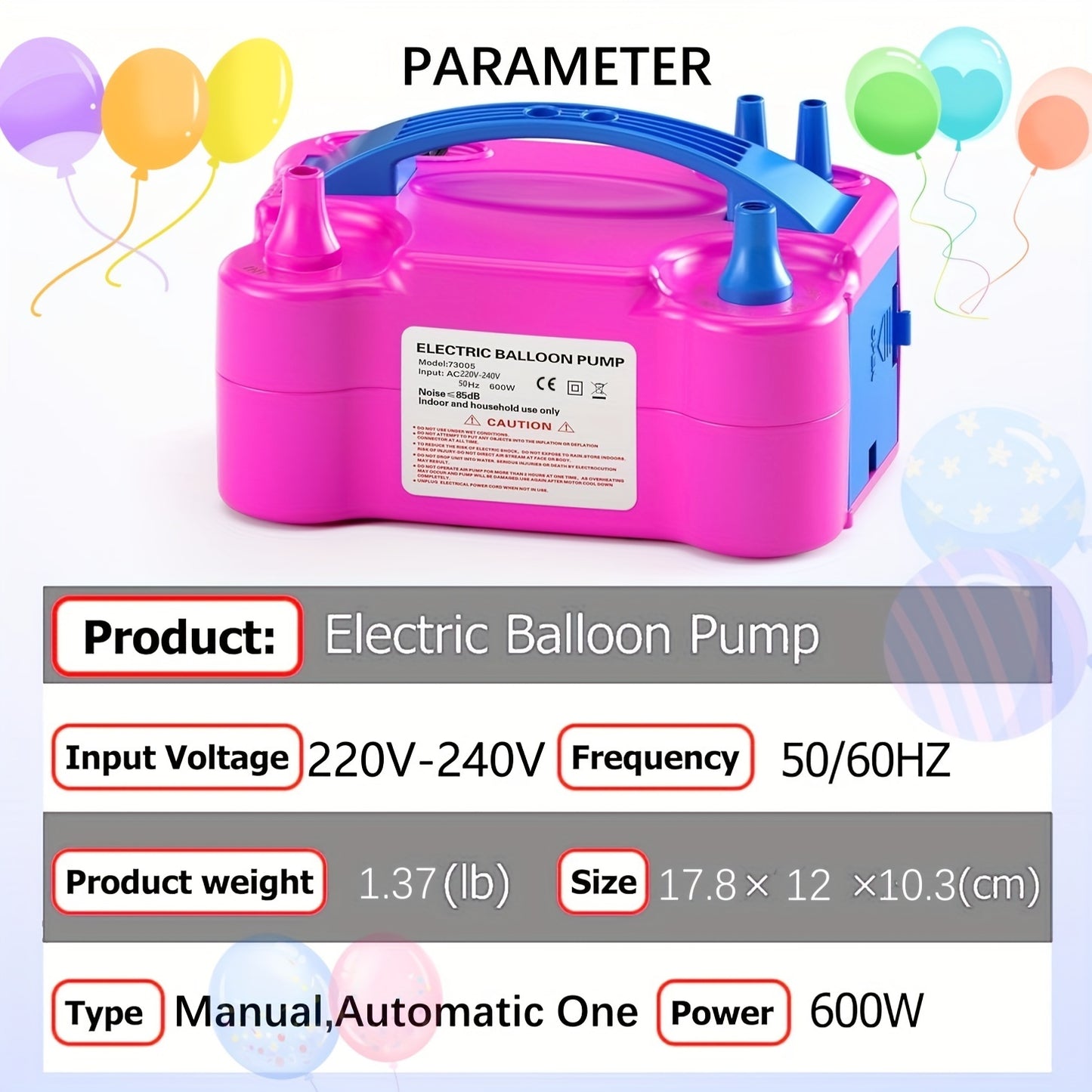 Electric balloon pump with dual nozzles, 600W power, European plug, and tying tools - perfect for parties and weddings.