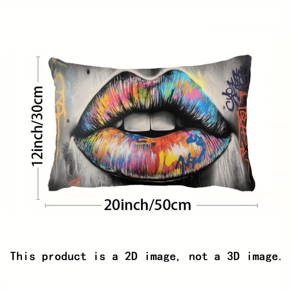 Abstract Graffiti Lips Pillow Cover, 1 piece, measures 50.8X30.48 cm. This Casual Style Polyester Decorative Throw Pillowcase features a convenient Zipper Closure and is Machine Washable, making it suitable for all seasons. Designed for Back Sleepers