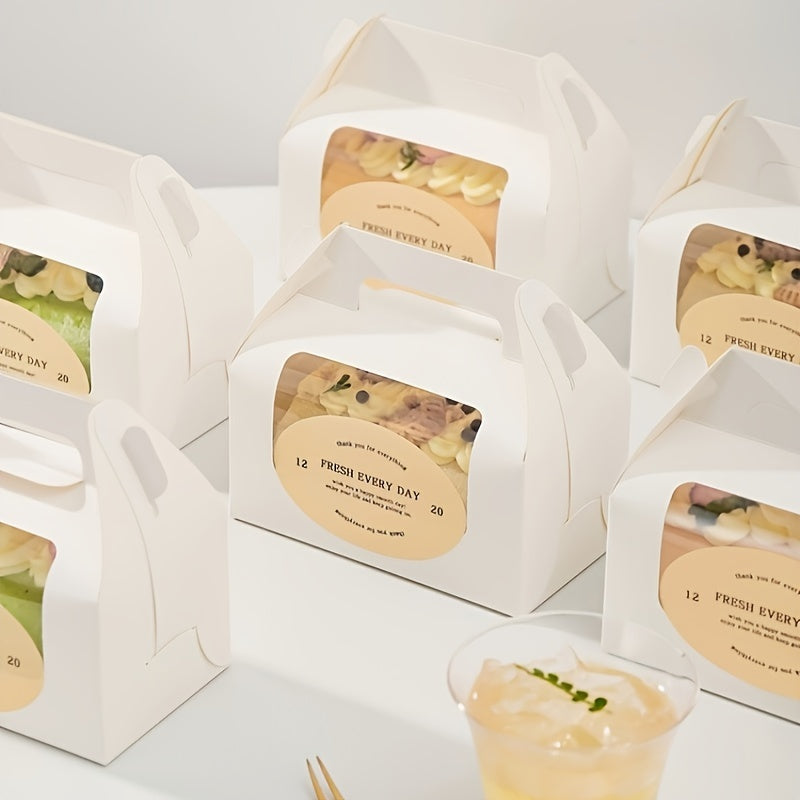 Get 5 or 10 pieces of portable cake boxes in 2 sizes, featuring a window to display your treats. These white paper cardboard bakery boxes are perfect for Swiss rolls, pastries, cupcakes, muffins, cookies, pies, and more. Use them for gift wrapping or as