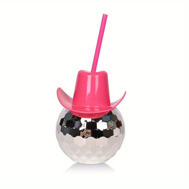 600ml Pink Cowboy Hat Disco Ball Tumbler with Straw - Shiny Electroplated Plastic Cup for Parties & Celebrations