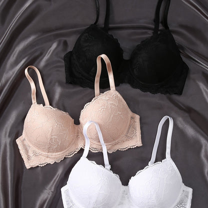 Set of 3 lace bras in black, beige, and white - comfortable, breathable, underwire support, non-padded, knit fabric