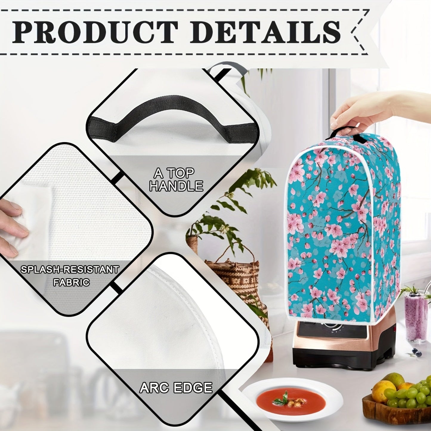 Portable Juicer & Food Processor Dust Protector with Top Handle, Washable Cherry Blossom Print Blender Cover, Anti-Fingerprint Kitchen Appliance Cover (1 Piece)