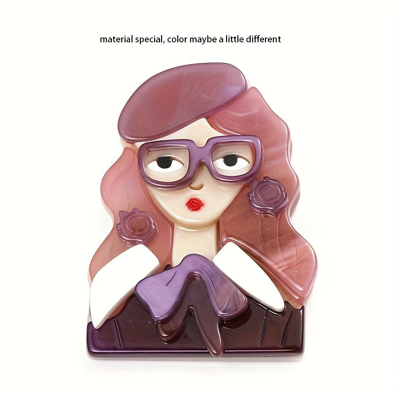 Chic and Simple Acrylic Girl with Glasses Brooch - A Touch of Quirky Elegance for Your Dresses, Sweaters, and Coats