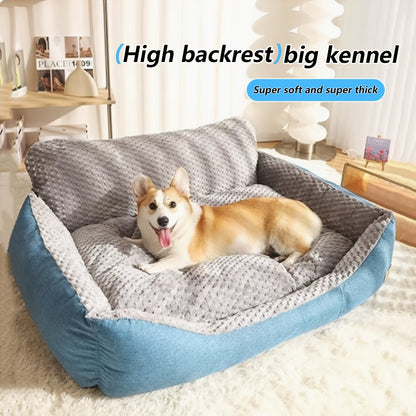 Luxury plush pet sofa bed with high backrest and easy cleaning, suitable for cats and dogs.