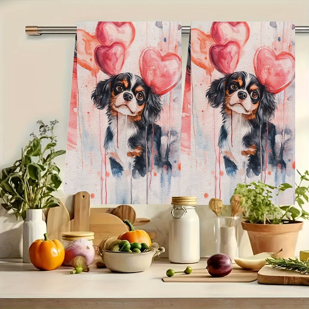 Celebrate Valentine's Day with these 2 ultra soft kitchen towels featuring a charming Cavalier King Charles Spaniel design. These highly absorbent and machine washable dish hand towels measure 40.64x60.96 cm, making them perfect for holiday decor and