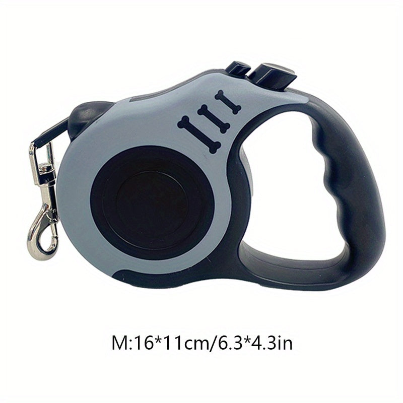 Sturdy dual-switch retractable dog leash offers easy control and comfortable grip.