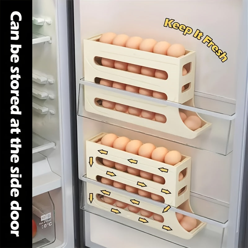 Egg holder for refrigerator with large capacity, stackable design. BPA-free plastic and no batteries required. Keep eggs fresh in the kitchen fridge.