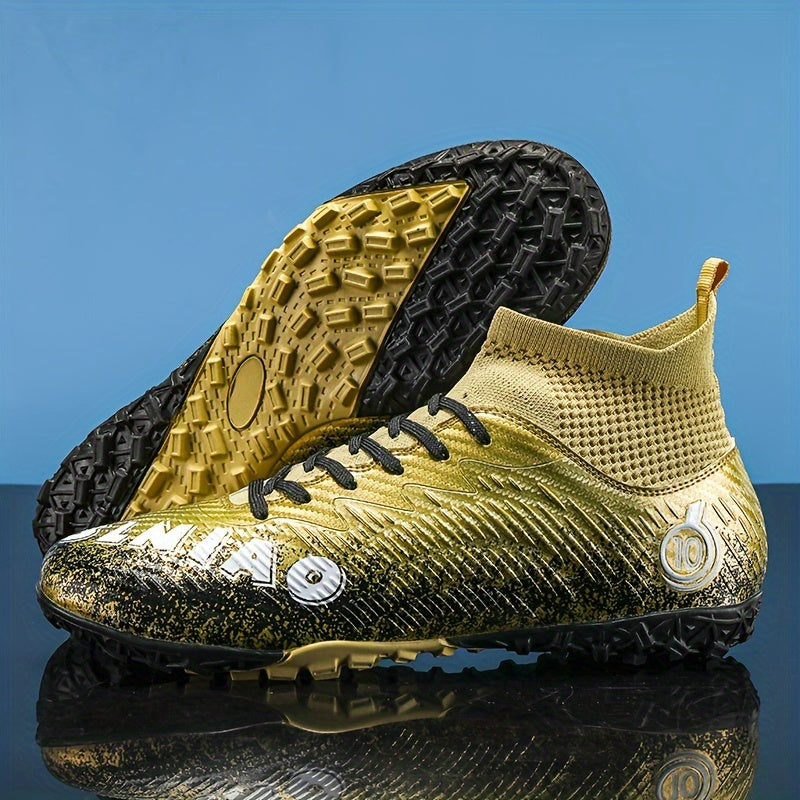 Men's high top turf football boots, outdoor anti-skid, breathable lace-up TF soccer cleats.