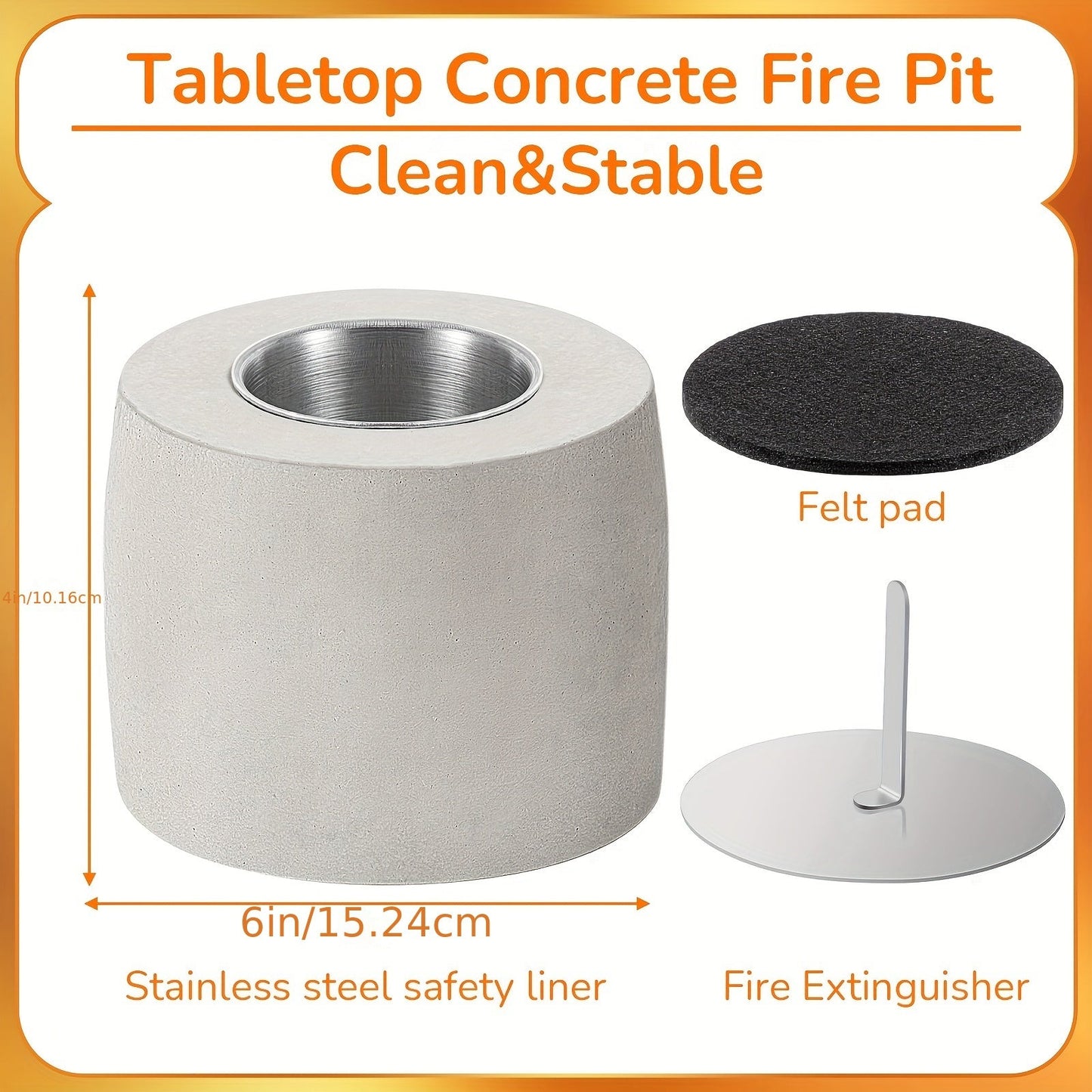 Compact and sleek, the Modern Tabletop Concrete Fire Pit is a versatile stainless steel ethanol fireplace suitable for both indoor and outdoor use. Equipped with a safety liner and fire extinguisher, this stylish fire pit requires no electricity, making