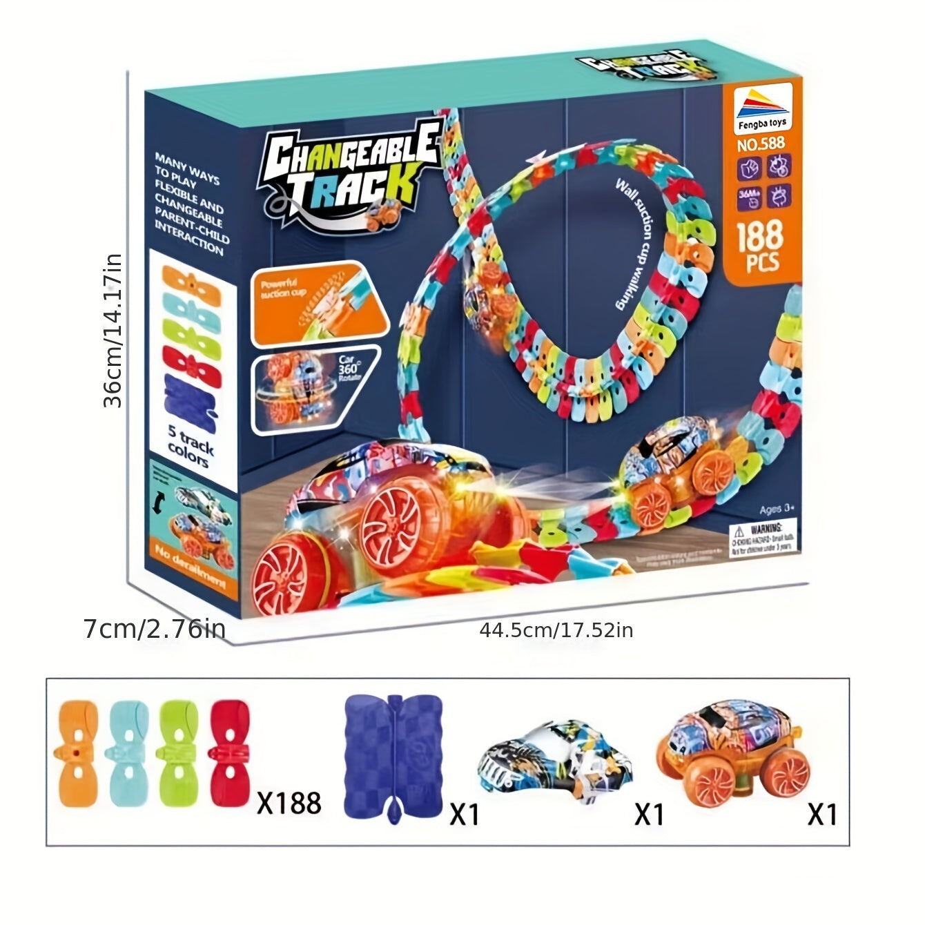 Electric track car set for kids - colorful, stick-on and hangable - great birthday gift, batteries not included.